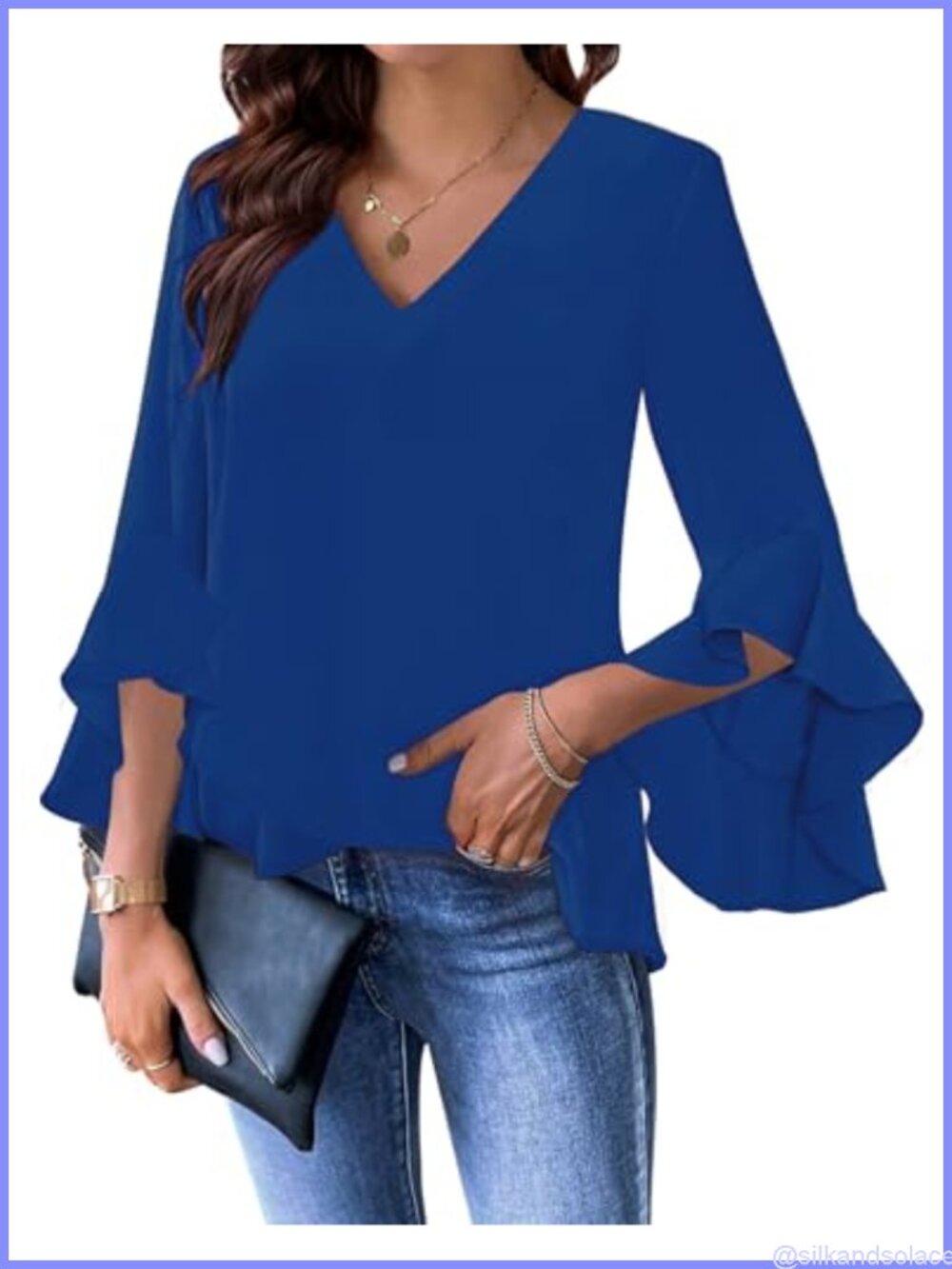 Relipop Womens Blouse Ruffle 3/4 Sleeve V Neck Business Casual Flowy Top